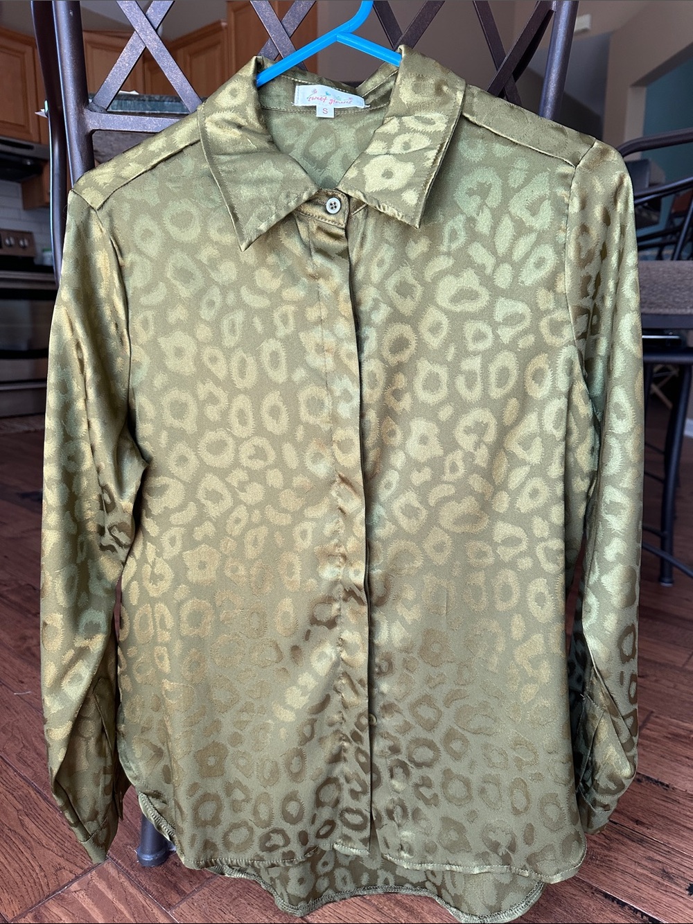 Olive Green Satin Leopard-Print Button-Up Blouse